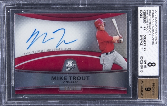 2010 Bowman Platinum Red Refractor #BPA-MT Mike Trout Signed Rookie Card (#02/10) - BGS NM-MT 8/BGS 9